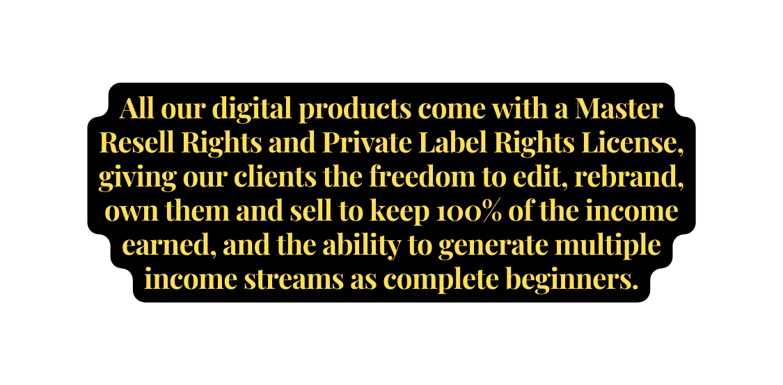 All our digital products come with a Master Resell Rights and Private Label Rights License giving our clients the freedom to edit rebrand own them and sell to keep 100 of the income earned and the ability to generate multiple income streams as complete beginners